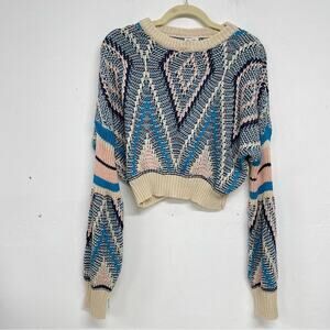 En Crème Cream & Blue Argyle Knit Sweater Balloon Sleeves Womens M Chunky Fall